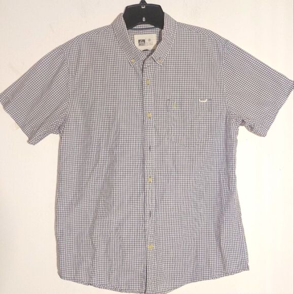 Reef Men's Vacation Lightweight Short Sleeve Cotton Checkered Shirt Gray EUC - Picture 1 of 9